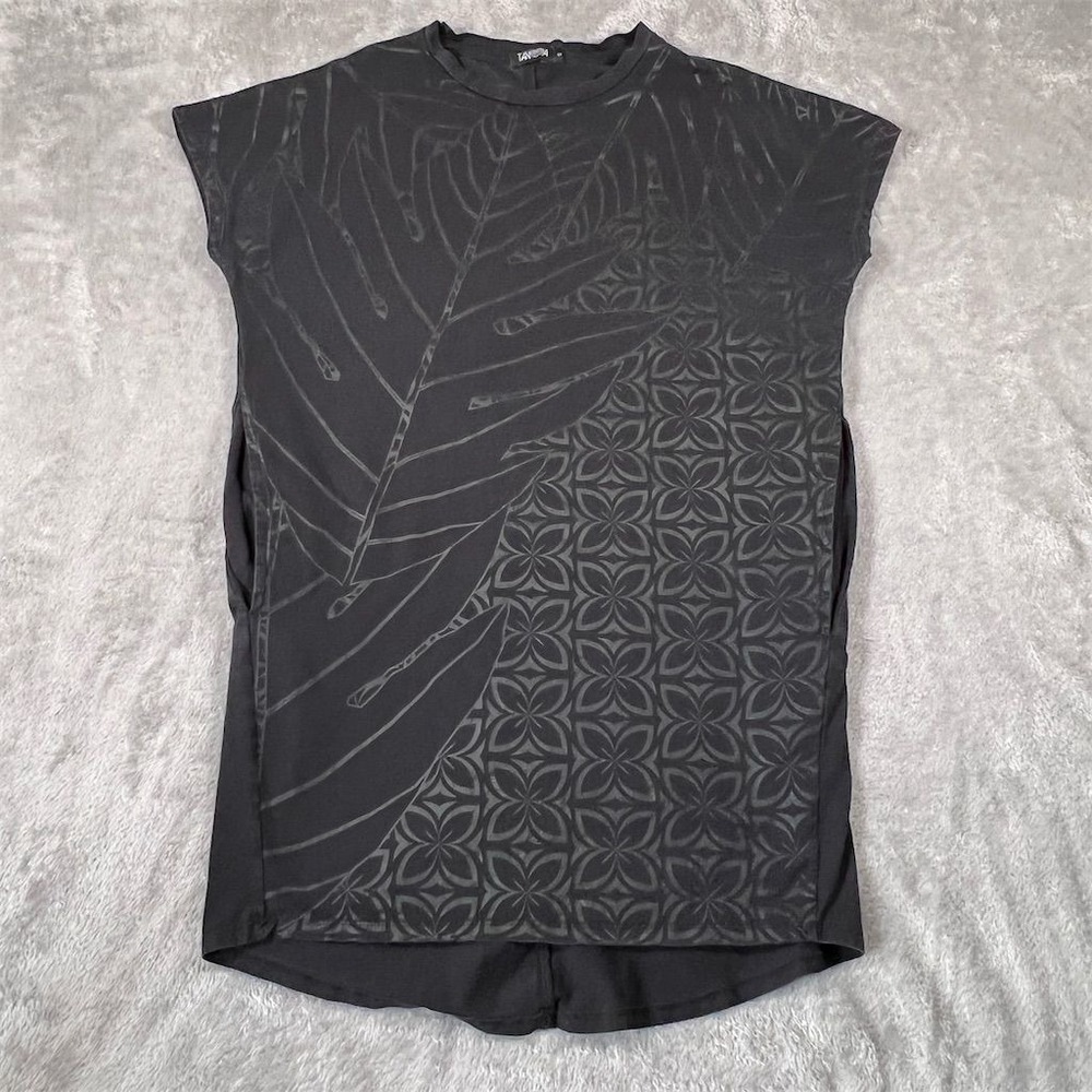 Tanoa Tunic Top Womens Small Black Polynesian Print Cap Sleeve High Low